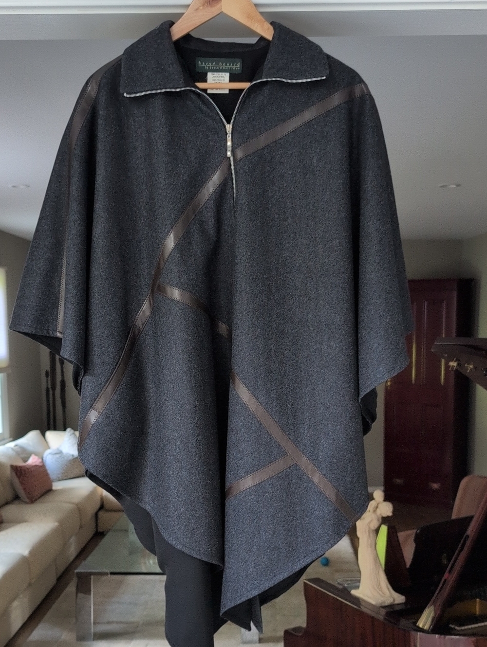 Harve' Benard Vintage Charcoal Gray Wool-Blend Zip Poncho Size 6